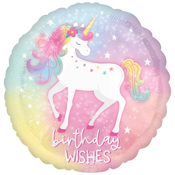 фольгированный шар круглой формы с изображением волшебного единорога и надписью "birthday wishes" (пожелания на день рождения)
