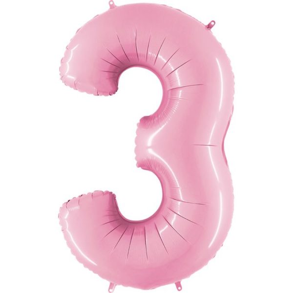 Фольгированный шар в форме цифры три розовый. Размер 1 метр.