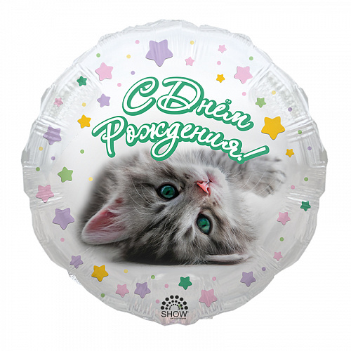 Фольгированный шарик с Днем рождения, котенок. Размер 45 см.
