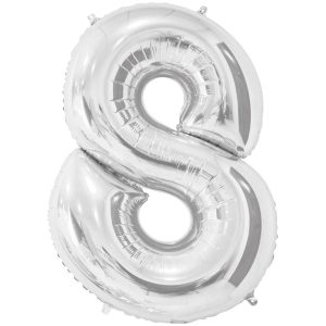 Фольгированный шар в форме цифры восемь серебристого цвета. Размер - 66 см.