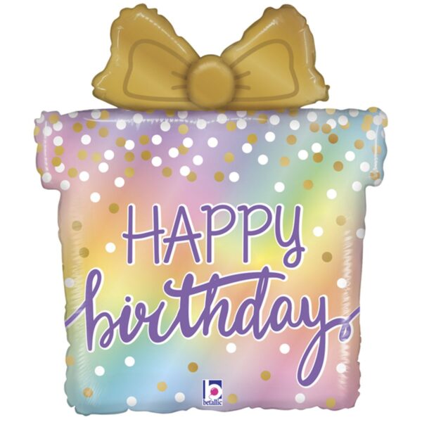 Фольгированный шар в форме подарочной коробки с золотистым бантом и надписью "Happy Birthday!"