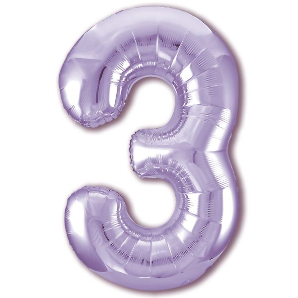Большой фольгированный шар в форме цифры три фиолетового цвета.
