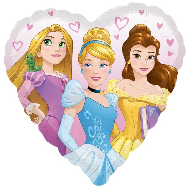 фольгированный шар в форме сердца с двусторонним изображением диснеевских принцесс. На одной стороне изображены Рапунцель, Золушка и Белль, на другой -  Тиана и Ариэль.