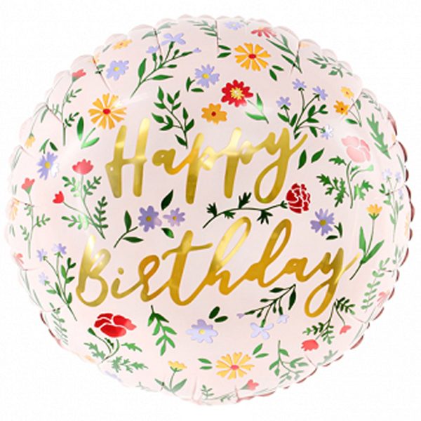 фольгированный шар с изображением цветов и золотистой надписью "Happy Birthday"