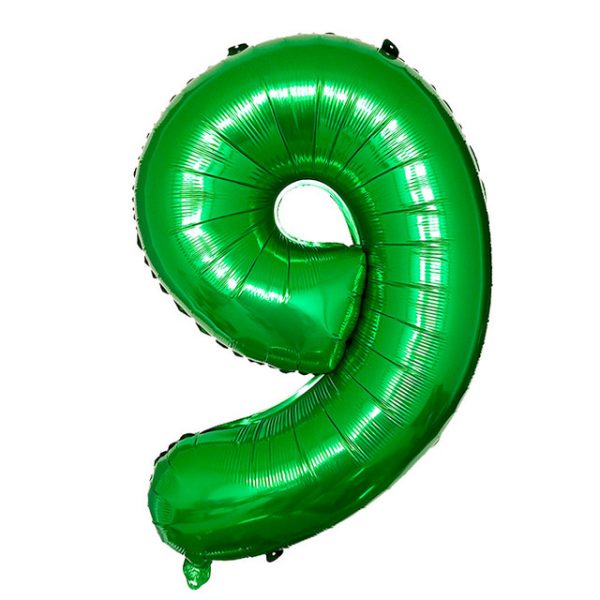 Фольгированный шар в форме зеленой цифры 9.